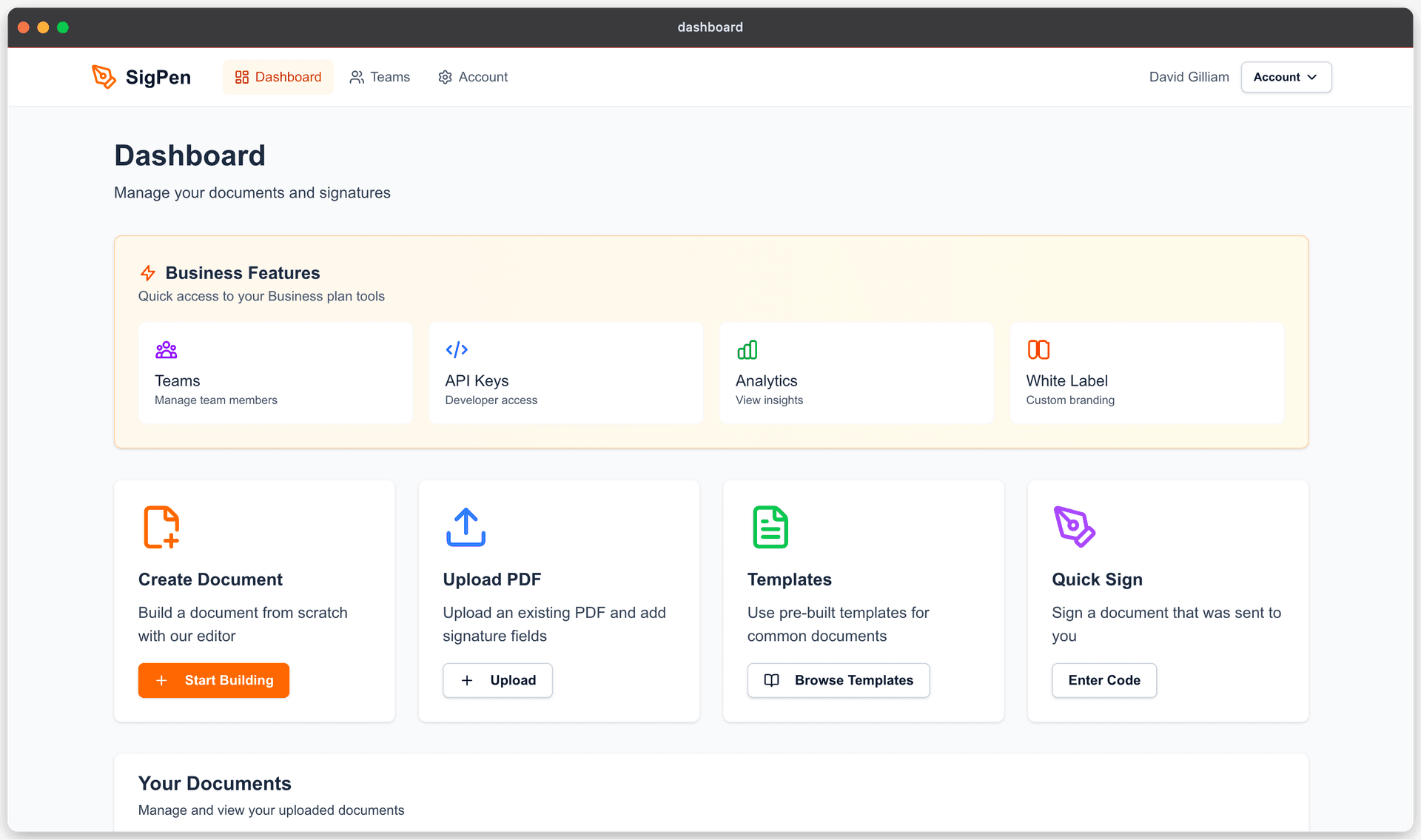 SigPen dashboard showing document management and e-signature tools